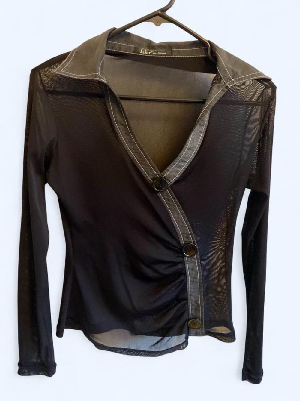 Office Siren Sheer Black Long-Sleeve Button